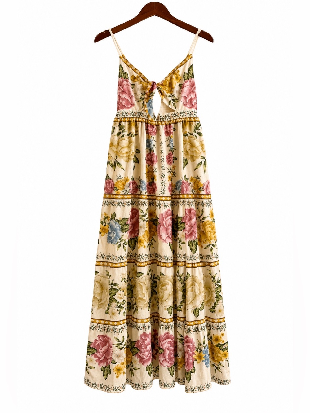 Woman’s Floral Tiered Maxi Dress - Cream with Pink & Yellow Flowers